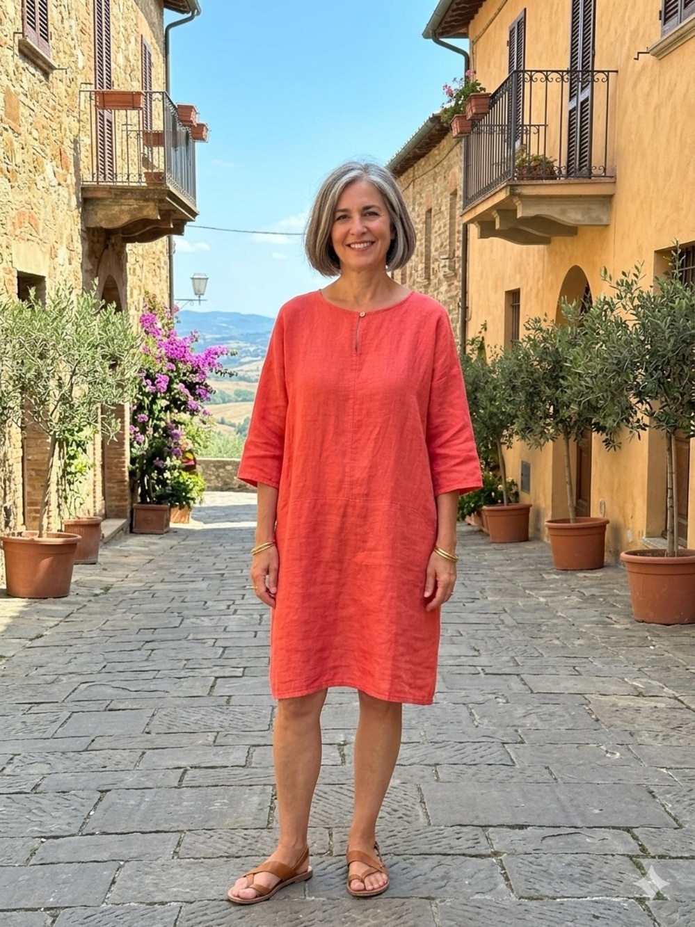 Made in Italy 100% Linen Shift Dress‎ Coral Pink Keyhole Midi One Size Art 27150